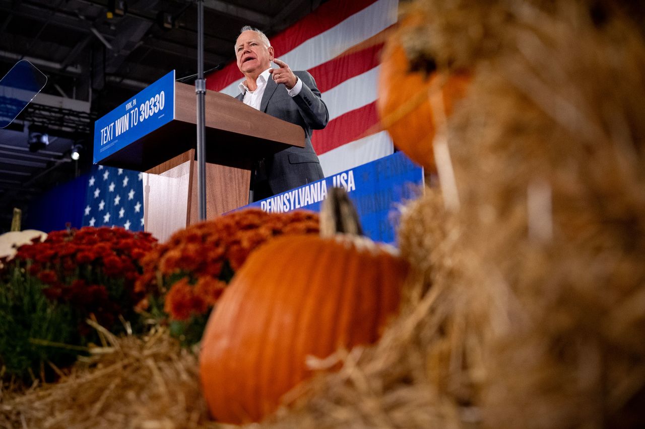 Minnesota Gov. Tim Walz speaks at a rally at York Exposition Center UPMC Arena on October 2 in York, Pennsylvania. 