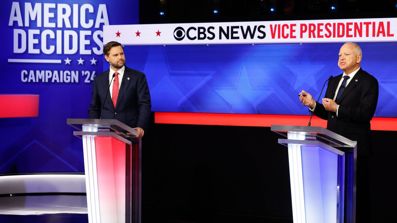 Sen. JD Vance and Minnesota Gov. Tim Walz participate in a debate at the CBS Broadcast Center on October 1 in New York City.