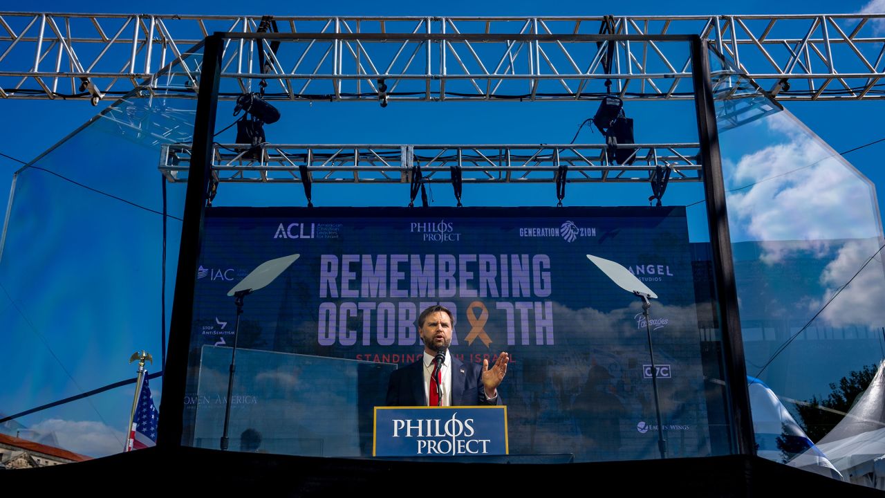 Sen. JD Vance speaks during a Philos Project October 7th Memorial Rally at the Washington Monument on October 7 in Washington, DC.