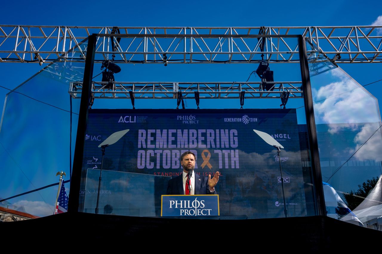 Sen. JD Vance speaks during a Philos Project October 7th Memorial Rally at the Washington Monument on October 7 in Washington, DC.