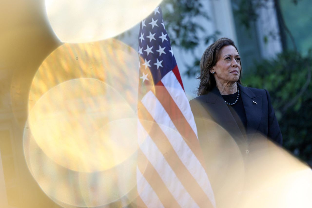 Vice President Kamala Harris delivers remarks at the Naval Observatory in Washington, DC, on October 7, 2024.