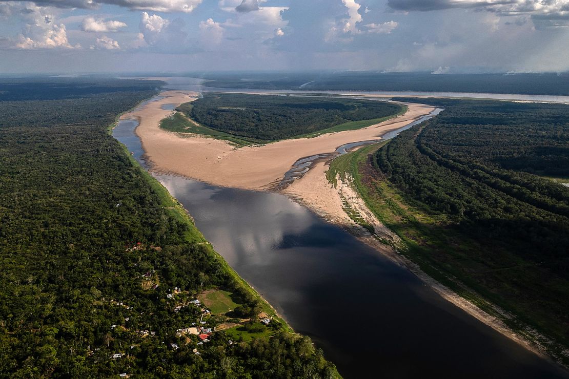 Low water levels in the Amazon River in the Macedonia community of Colombia on October 2, 2024.