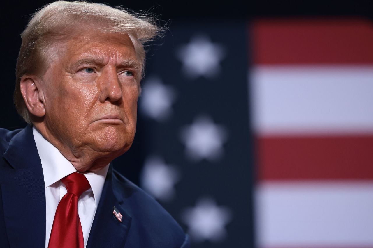 Former President Donald Trump listens to a question from the audience during a town hall-style campaign event at the Crown Center Arena October 4 in Fayetteville, North Carolina.