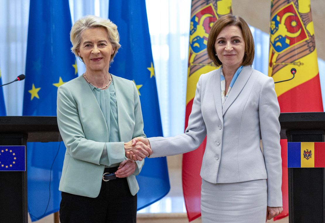 President of The European Commission Ursula von der Leyen shakes hands with President of Moldova Maia Sandu during a press conference following bilateral meeting at the Moldovan Presidency headquarters in Chisinau, on October 10.