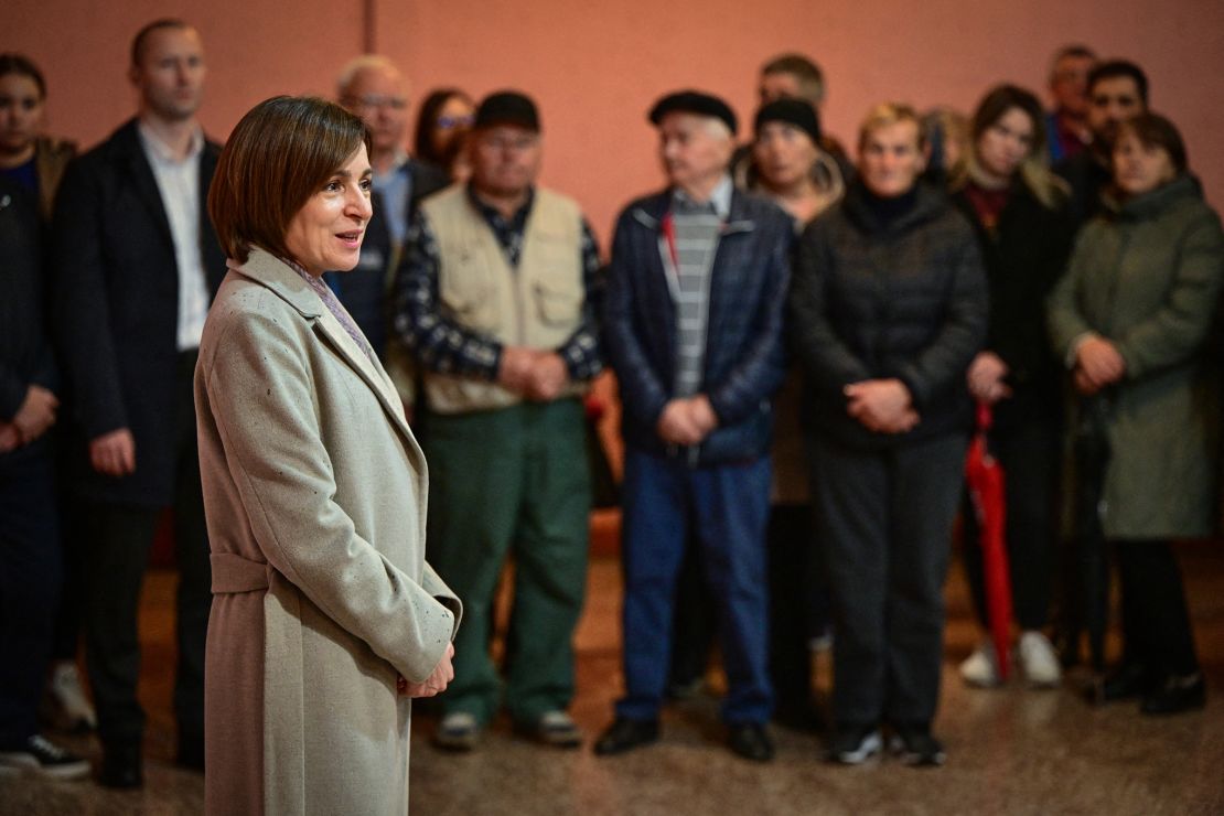 Moldovan President Maia Sandu addresses an electoral meeting with locals at the cultural center in Bardar, October 15, 2024. 