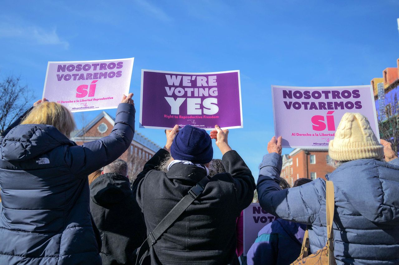 Supporters hold posters during a rally launching FIRM, or Freedom in Reproduction Maryland, a group that campaigned in support of the constitutional amendment to protect abortion rights in Maryland.