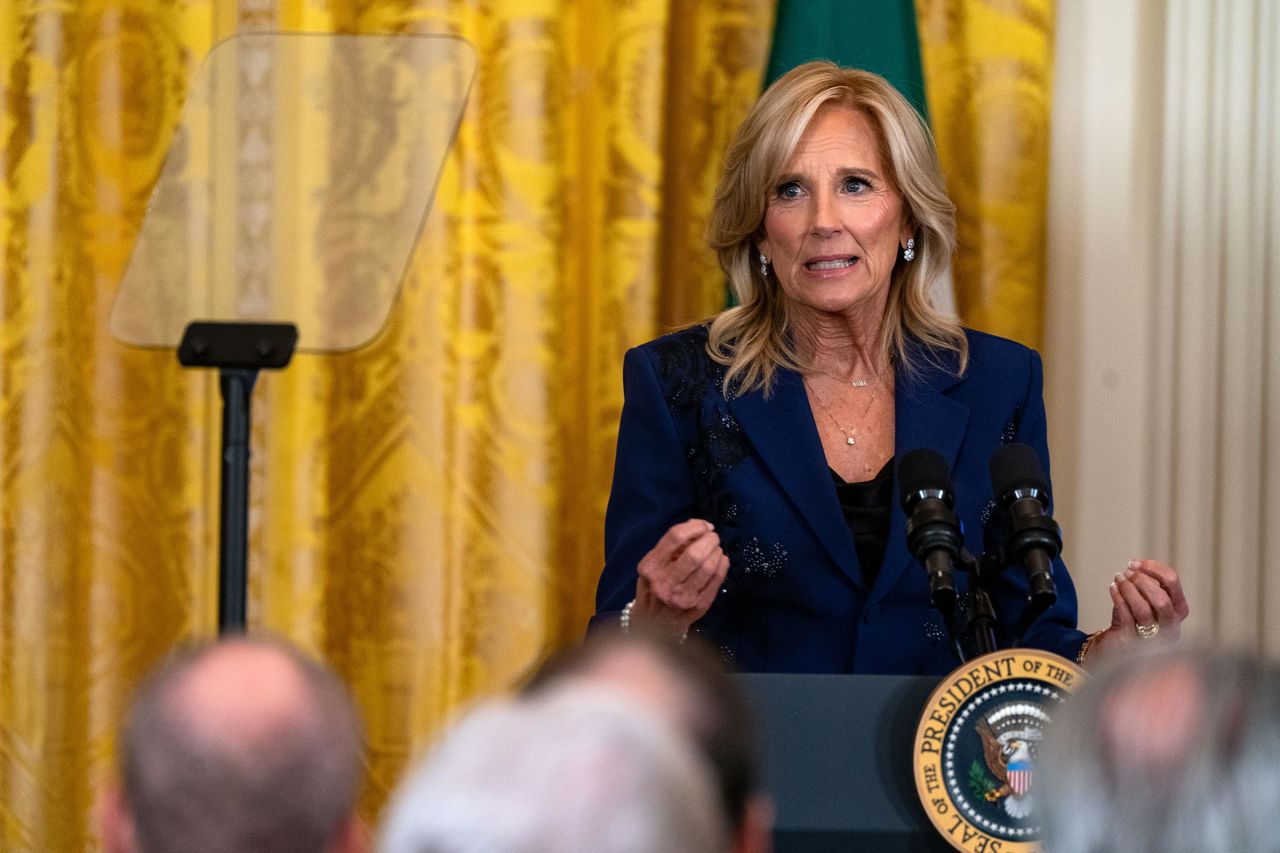 First lady Jill Biden deliver remarks at an Italian American Heritage Month Reception in the East Room of the White House on October 16 in Washington, DC.