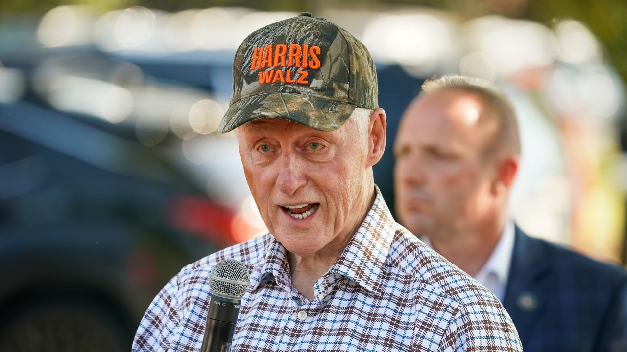 Former President Bill Clinton speaks in support of the Harris-Walz presidential campaign during the Fort Valley GOTV Community Fish Fry at the Agricultural Technology Conference Center on October 13 in Fort Valley, Georgia.