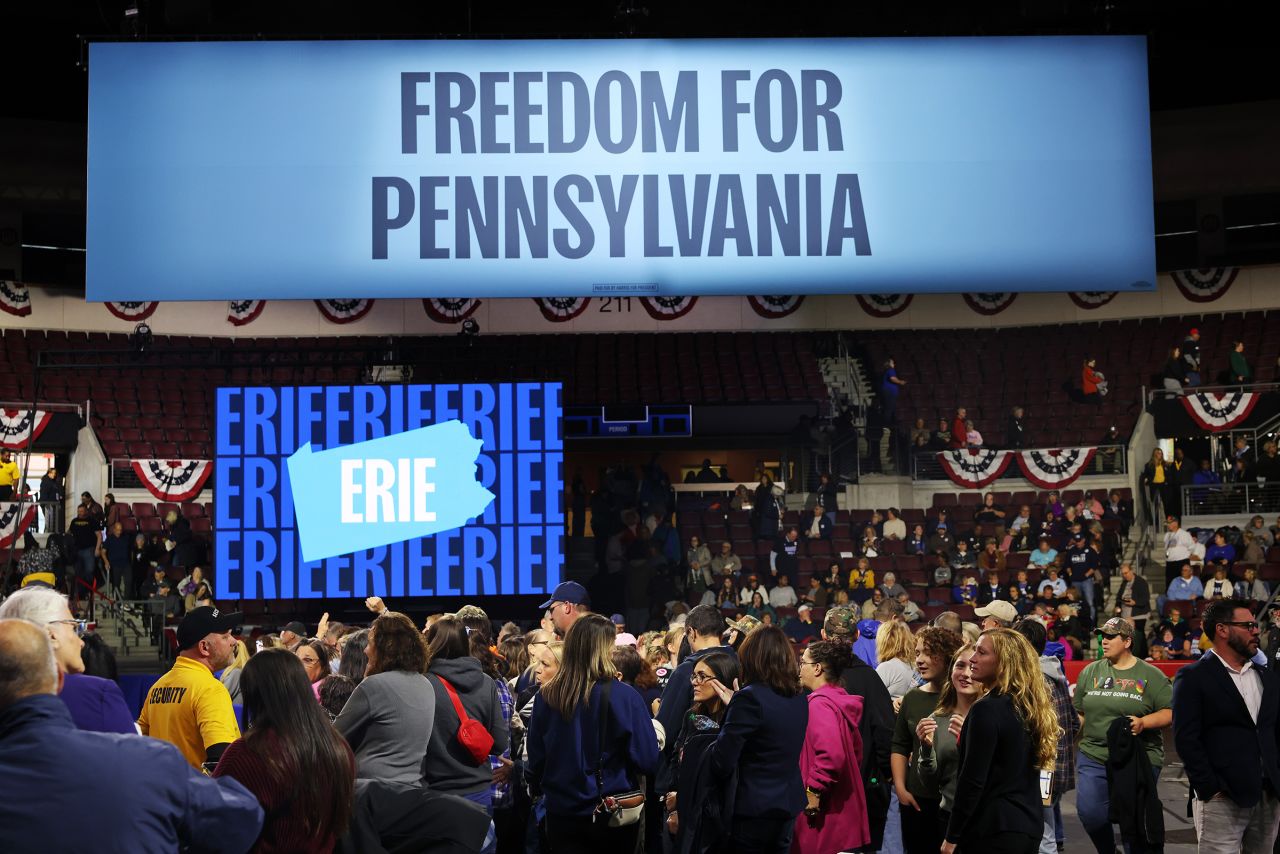 Attendees await the start of a campaign rally for Vice President Kamala Harris at Erie Insurance Arena on October 14 in Pennsylvania. 