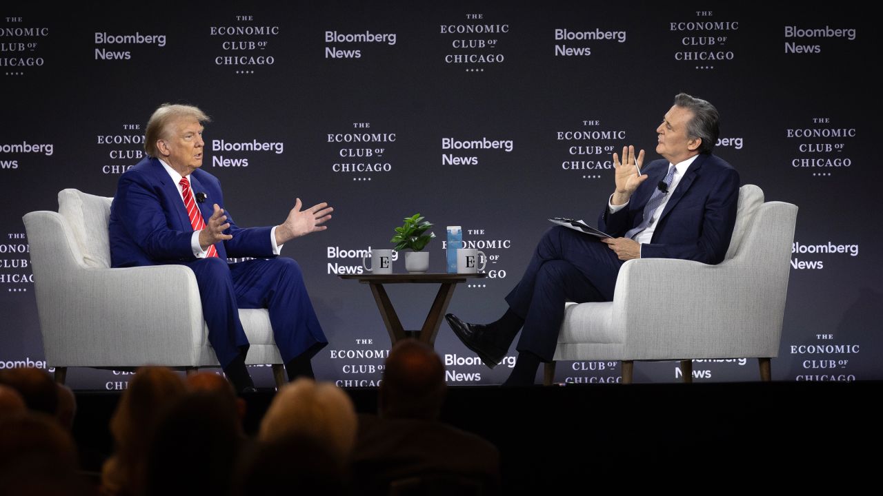 Former President Donald Trump Is interviewed by Bloomberg News Editor-in-Chief John Micklethwait during a luncheon hosted by the Economic Club of Chicago on October 15 in Chicago.