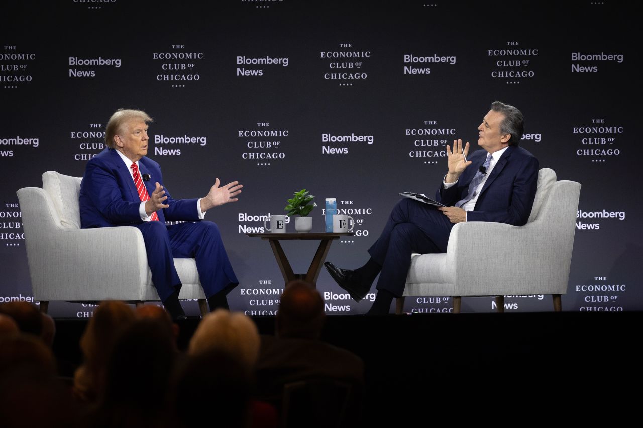 Former President Donald Trump Is interviewed by Bloomberg News Editor-in-Chief John Micklethwait during a luncheon hosted by the Economic Club of Chicago on October 15 in Chicago.