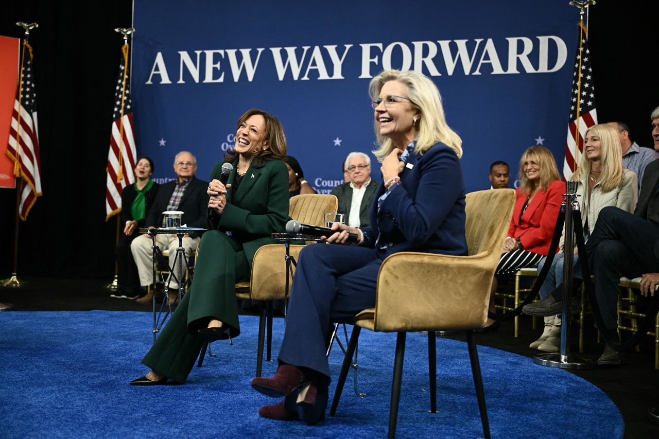 Vice President Kamala Harris, left, holds a moderated conversation with former Rep. Liz Cheney at People's Light performing arts theater Malvern, Pennsylvania, on October 21.