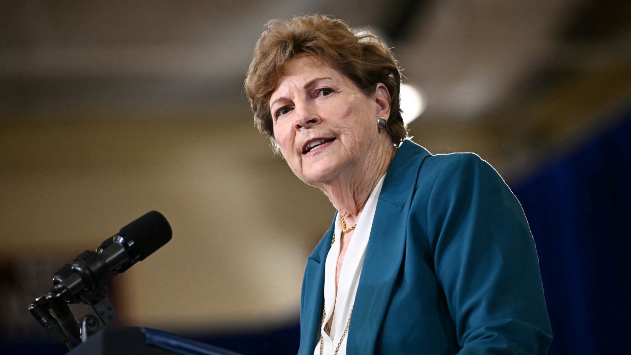 Sen. Jeanne Shaheen speaks ahead of President Joe Biden's speech on lowering the cost of prescription drugs at NHTI Concord Community College in Concord, New Hampshire, on October 22, 2024.
