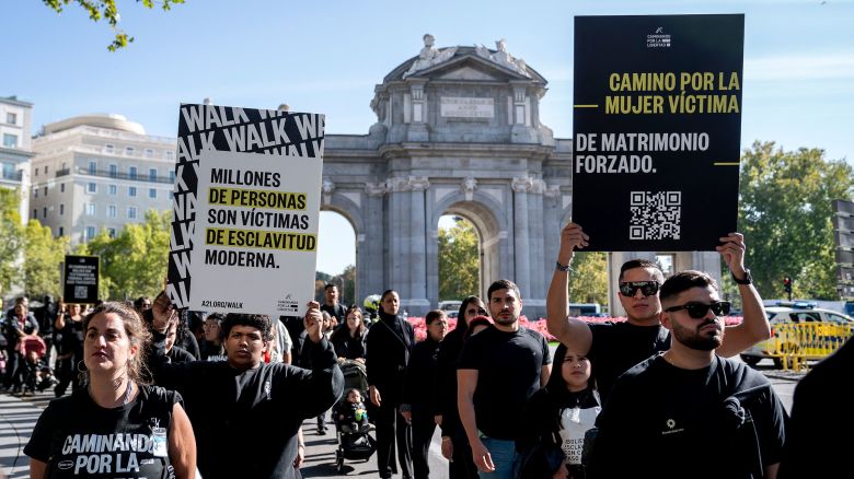 Dozens of people during the 'Walk for Freedom' march, on 19 October, 2024 in Madrid, Spain. 19 cities in Spain  the march, organized by A21 Spain, in commemoration of the 10th anniversary of this global event, where the fight against human trafficking is claimed.