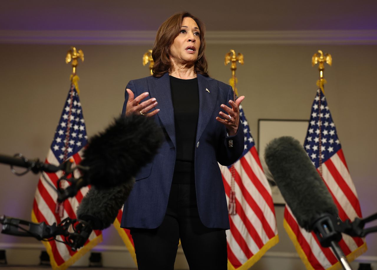 Vice President Kamala Harris, speaks to reporters at the Four Seasons Hotel Houston on October 25 in Houston, Texas.