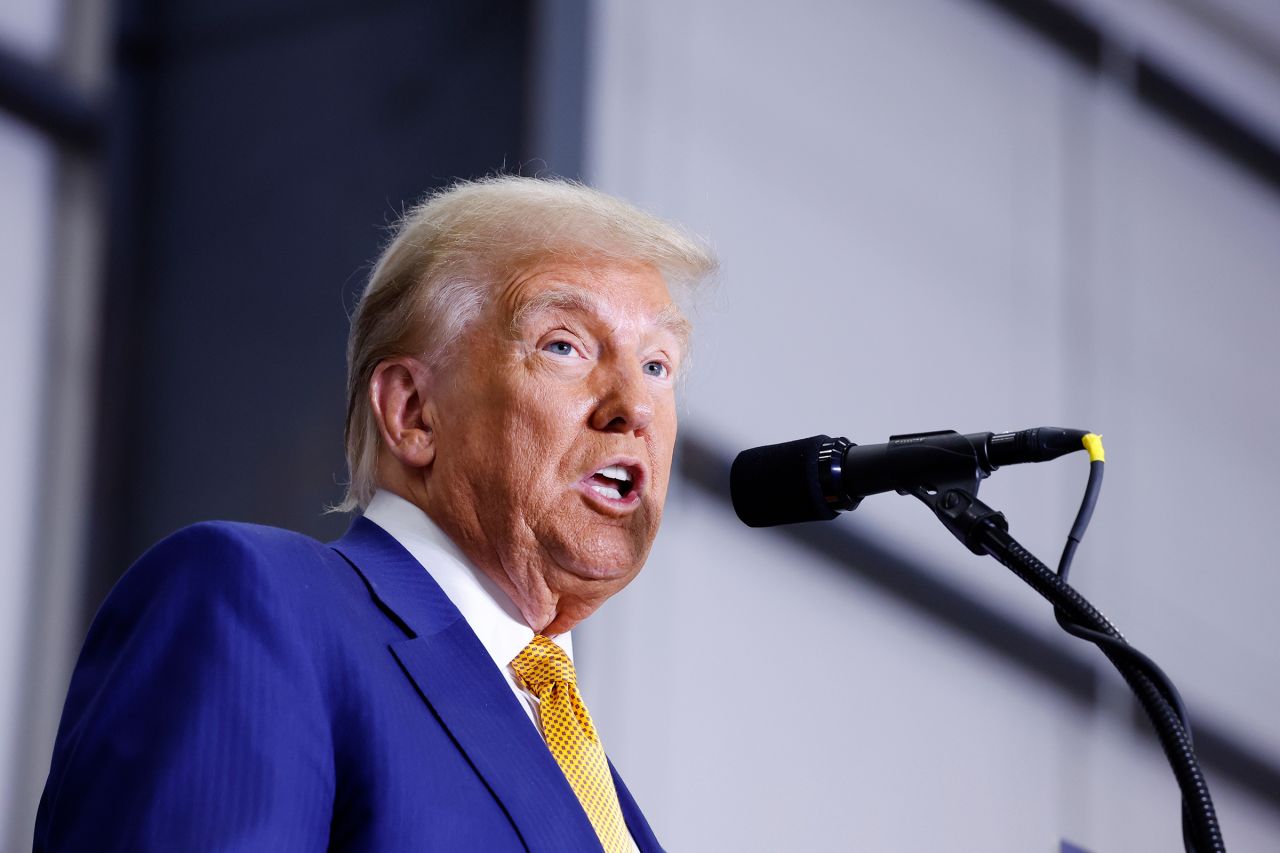 Former President Donald Trump gives remarks on border security inside an airplane hanger at the Austin-Bergstrom International Airport on October 25 in Austin, Texas. 