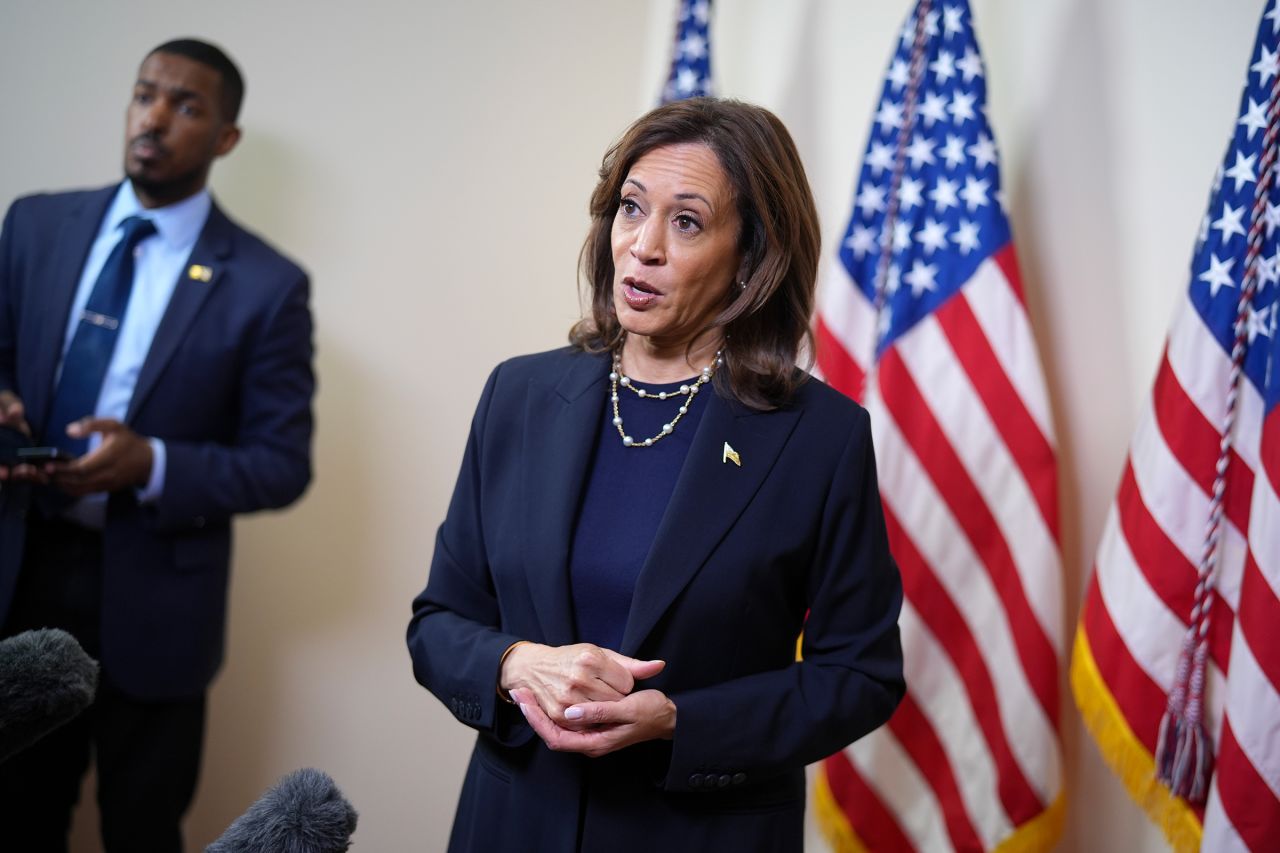 Vice President Kamala Harris speaks to the press after speaking at the Church of Christian Compassion on October 27, 2024 in Philadelphia.