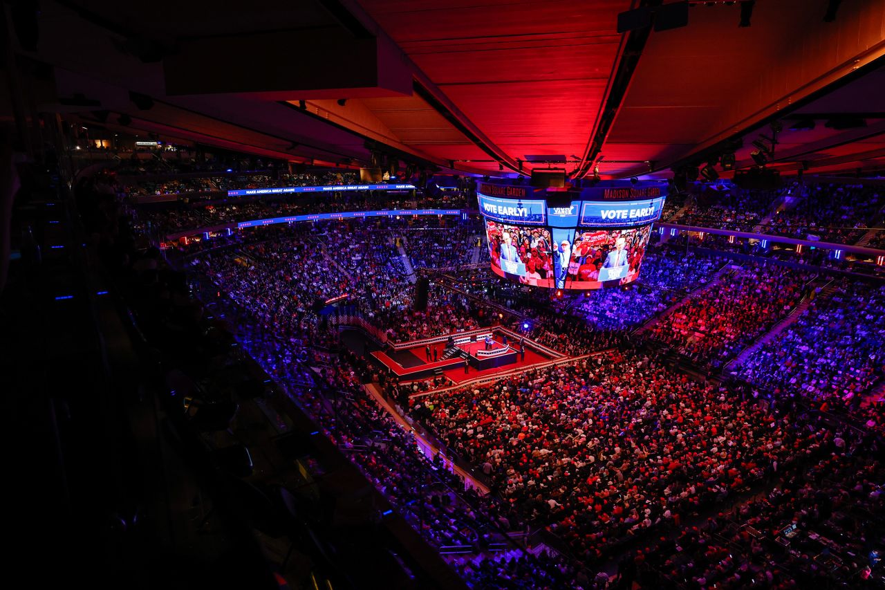  Republican presidential nominee, former U.S. President Donald Trump speaks at the campaign rally at Madison Square Garden on October 27, 2024 in New York City. Trump closed out his weekend of campaigning in New York City with a guest list of speakers that includes his running mate Republican Vice Presidential nominee, U.S. Sen. J.D. Vance (R-OH), Tesla CEO Elon Musk, UFC CEO Dana White, and House Speaker Mike Johnson, among others, nine days before Election Day. (Photo by Anna Moneymaker/Getty Images)