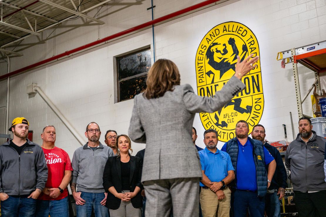 Vice President Kamala Harris meets with workers while touring an International Union of Painters and Allied Trades training facility on October 28 in Warren, Michigan. 