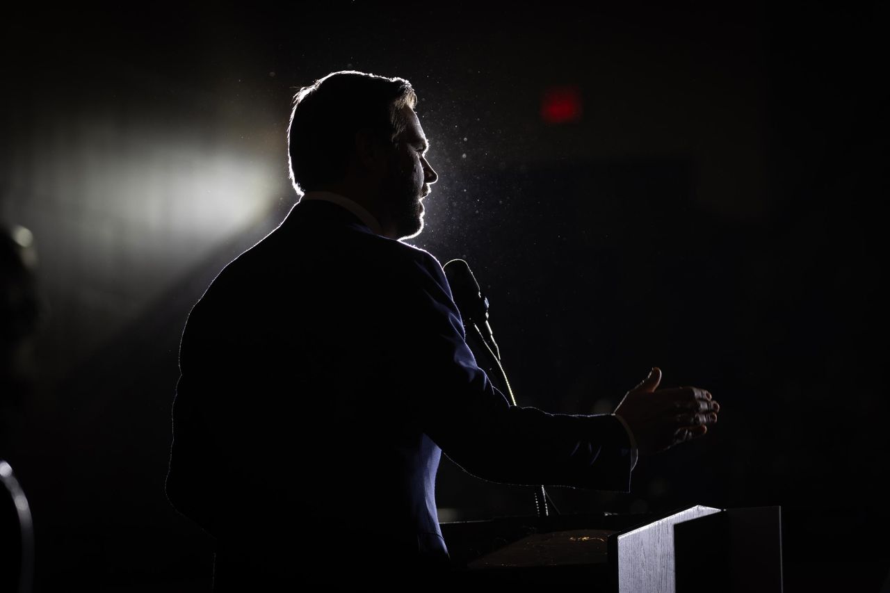 Sen. JD Vance speaks to supporters during a campaign event at Memorial Hall on October 28 in Racine, Wisconsin.