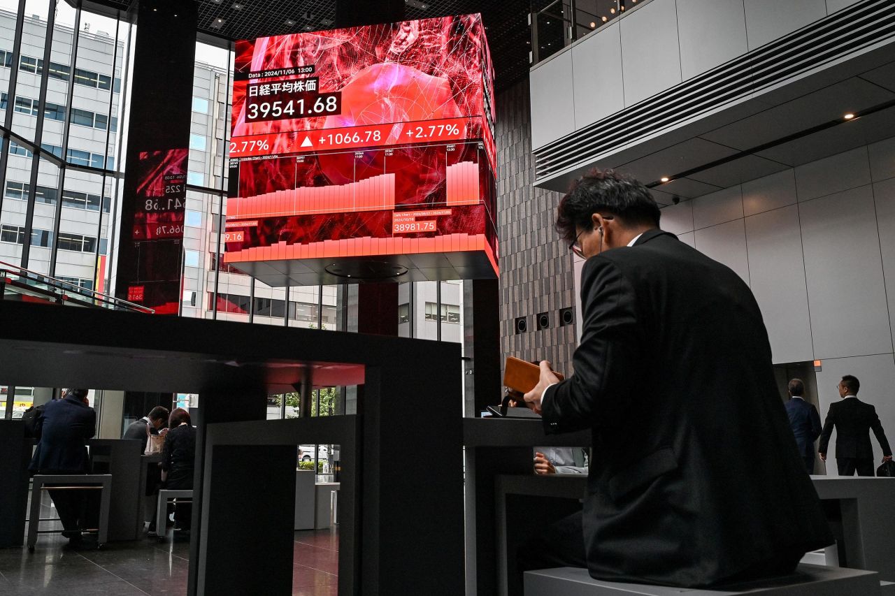 People sit out in a public area as an electronic board (above) displays the numbers on the Tokyo Stock Exchange in afternoon trading in Tokyo on November 6.