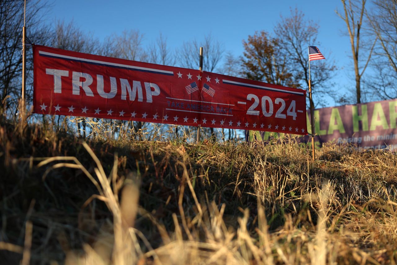 A campaign sign for former President Donald Trump is seen on Route 33 on November 2 in Bartonsville, Pennsylvania.