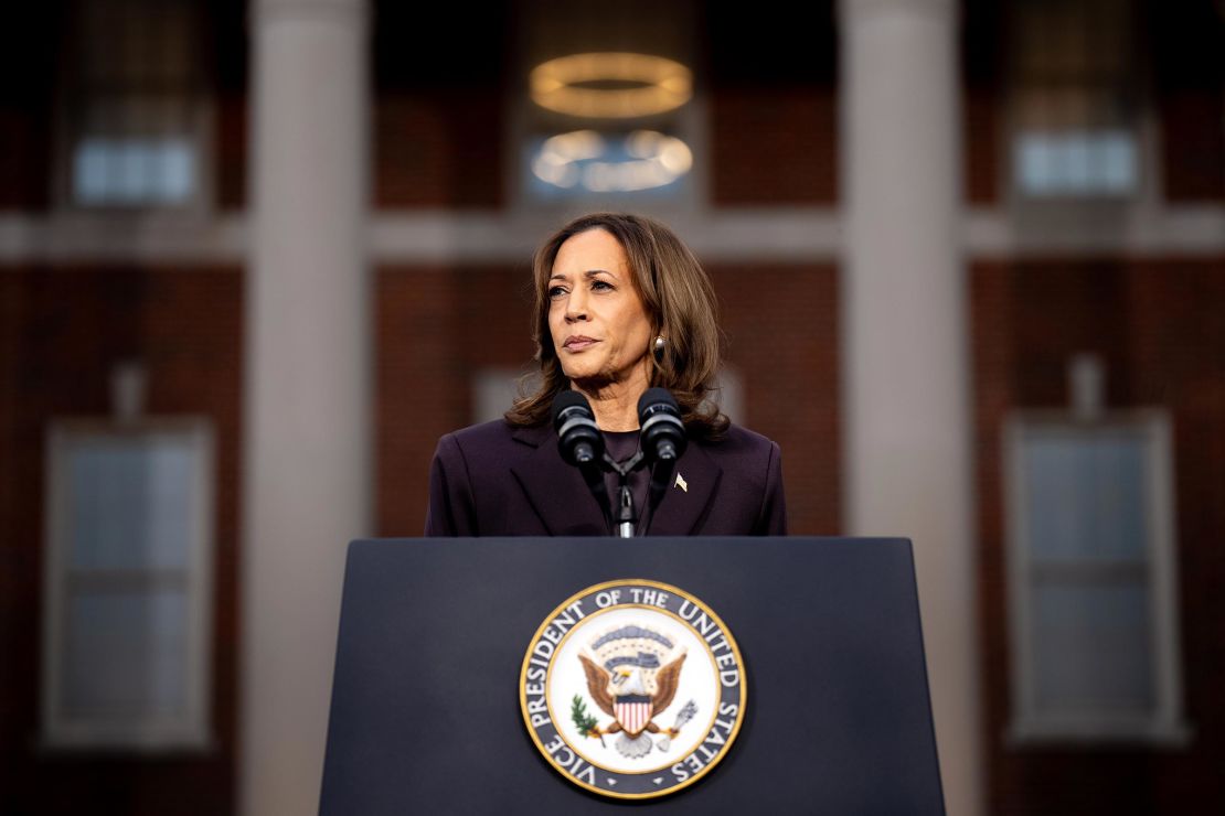 Kamala Harris pauses while speaking on stage as she concedes the election at Howard University on November 6, 2024 in Washington, DC.