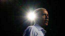 Former President Barack Obama speaks during a campaign event at the Baird Center on November 3, 2024, in Milwaukee, Wisconsin.