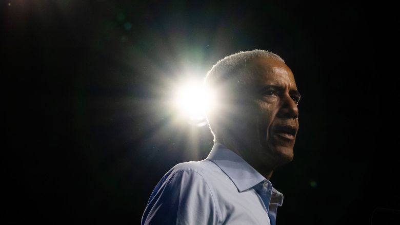 Former President Barack Obama speaks during a campaign event at the Baird Center on November 3, 2024, in Milwaukee, Wisconsin.