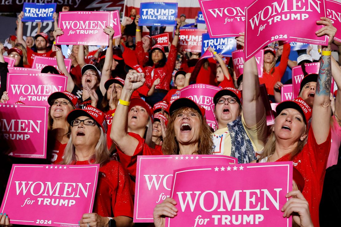 Supporters hold "Women for Trump" signs as they watch Donald Trump speak at a campaign rally at the Santander Arena on November 4, 2024, in Reading, Pennsylvania.