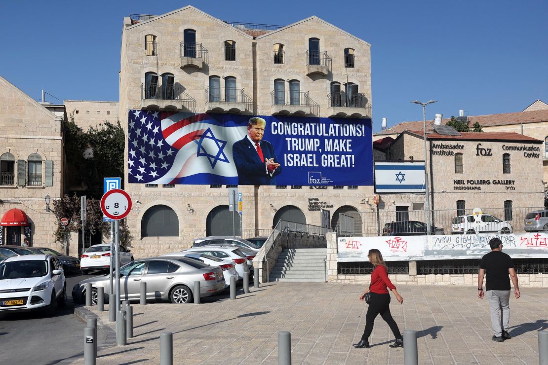 Israelis walk past a billboard congratulating President-elect Donald Trump in Jerusalem on November 8. Israel's Prime Minister Benjamin Netanyahu on November 6 congratulated Donald Trump, who has won the US presidential election, calling it 