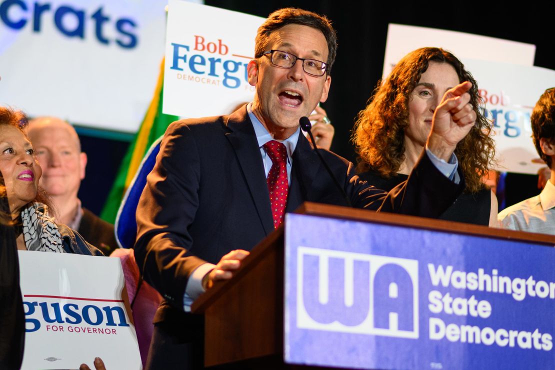 Bob Ferguson gives a victory speech at the Washington Democratic Election Night Watch Party at the Seattle Convention Center on November 5, 2024 in Seattle, Washington. 