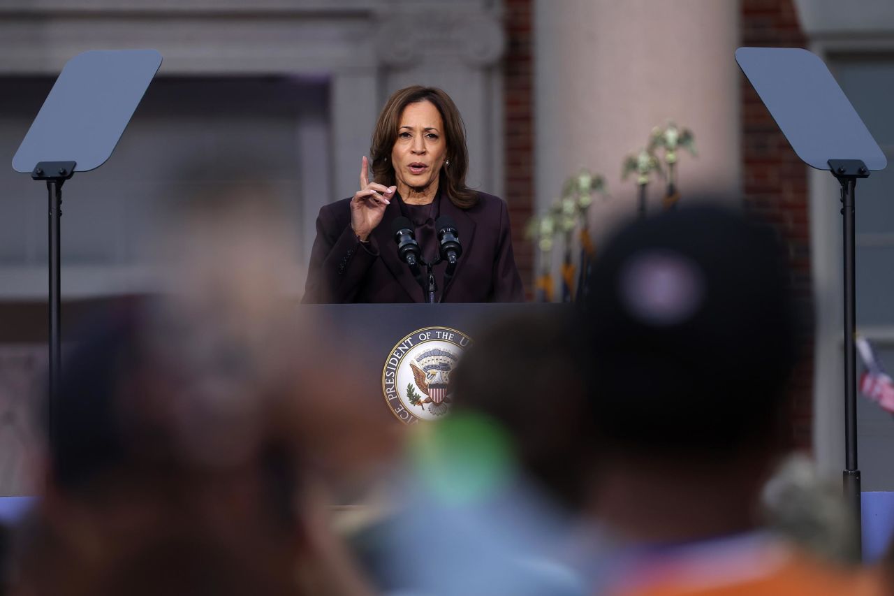 Vice President Kamala Harris speaks on stage as she concedes the election, at Howard University on November 6, in Washington, DC.