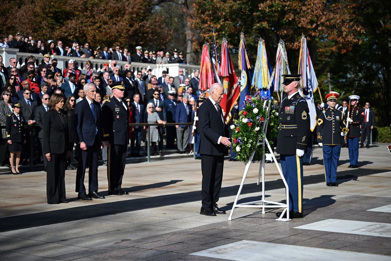 President Joe Biden lays a wreath at The Tomb of the Unknown Soldier in Arlington National Cemetery to mark Veterans Day on November 11 in Arlington, Virginia.