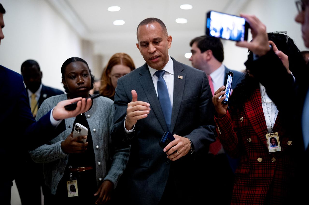 House Minority Leader Hakeem Jeffries speaks to reporters as he departs a news conference on Capitol Hill on November 15 in Washington, DC. 