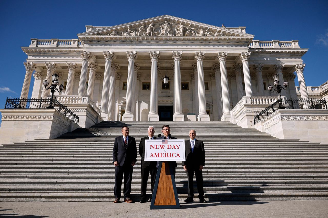 House Speaker Mike Johnson, joined by Chair of the National Republican Congressional Committee Rep. Richard Hudson, House Majority Whip Rep. Tom Emmer and House Majority Leader Rep. Steve Scalise, speaks during a news conference on the results of the 2024 election outside of the US Capitol Building on November 12 in Washington, DC. 