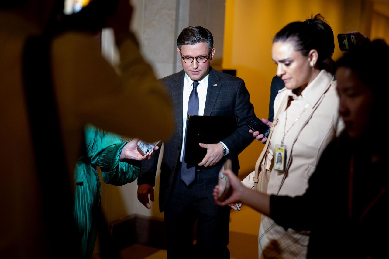 House Speaker Mike Johnson departs a news conference on Capitol Hill on November 19 in Washington, DC. 