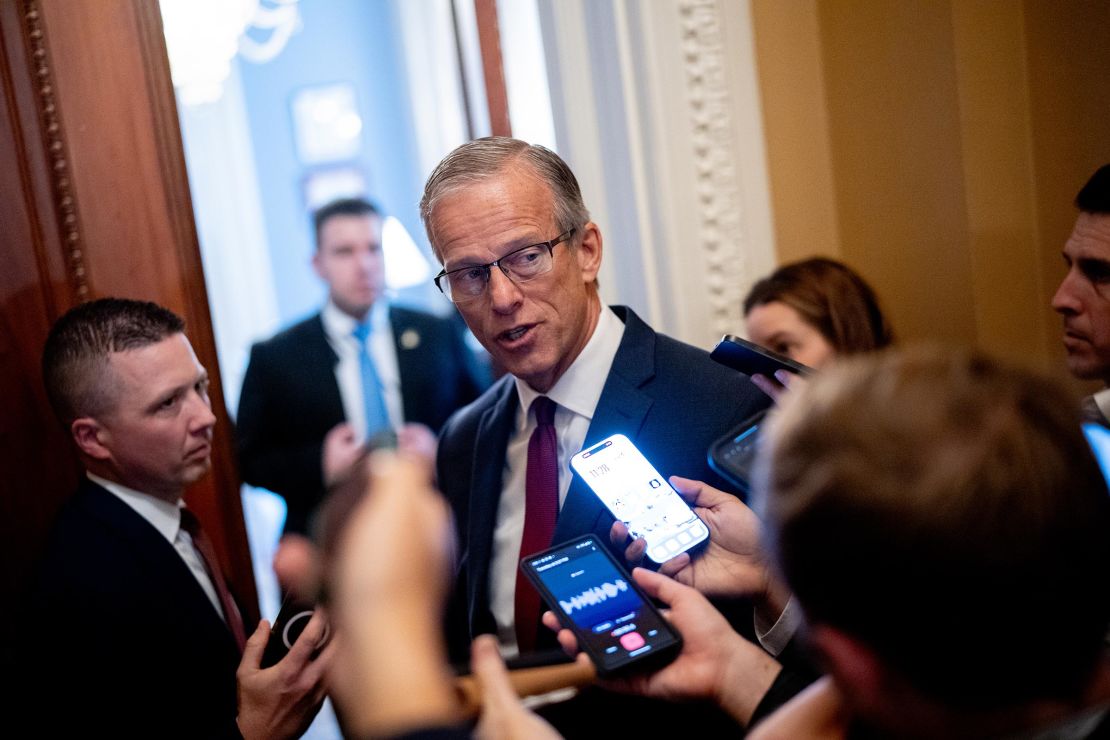 Senate Minority Whip John Thune speaks to reporters following a news conference following the weekly Senate Republican policy luncheon at the U.S. Capitol on November 19 in Washington, DC.