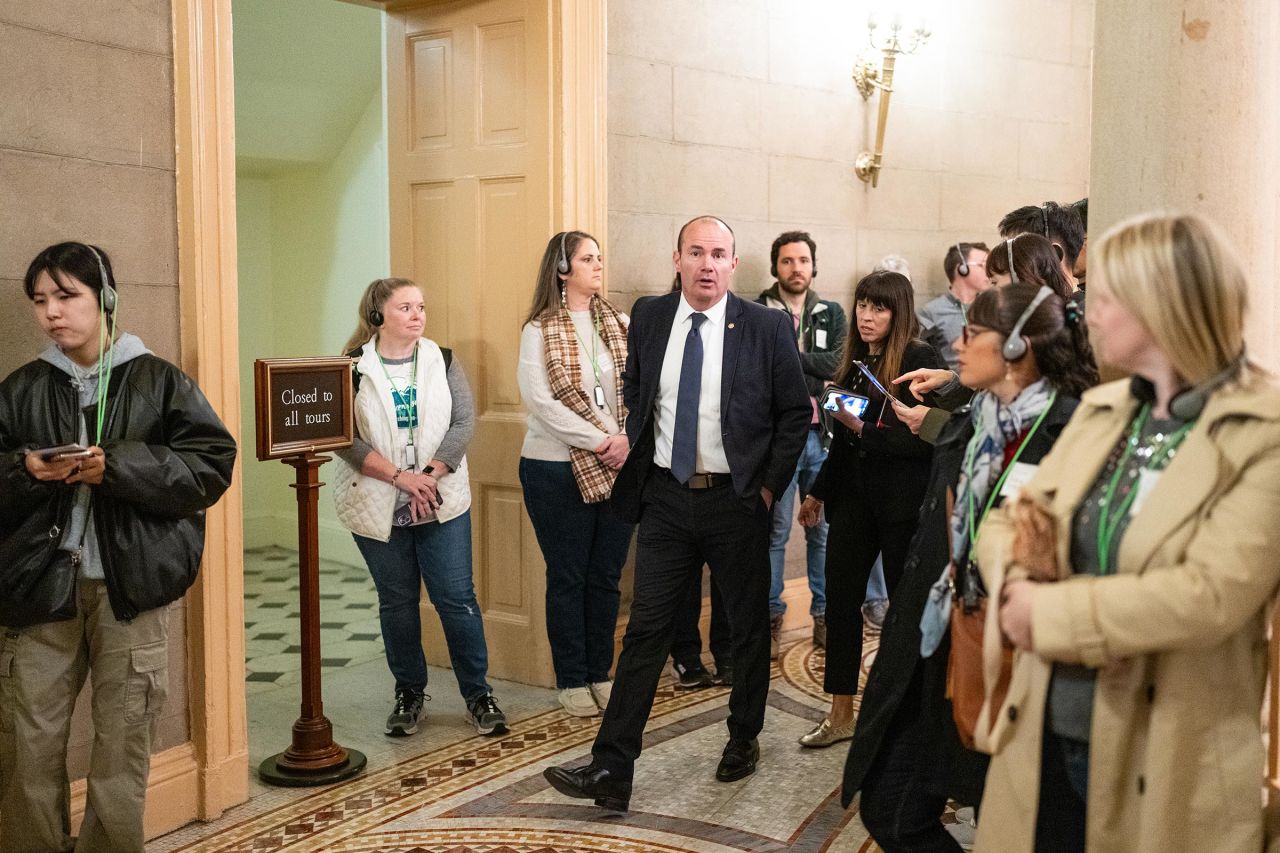 Sen. Mike Lee arrives to meet with Vice President-elect JD Vance and Matt Gaetz in the Capitol on Wednesday, November 20.