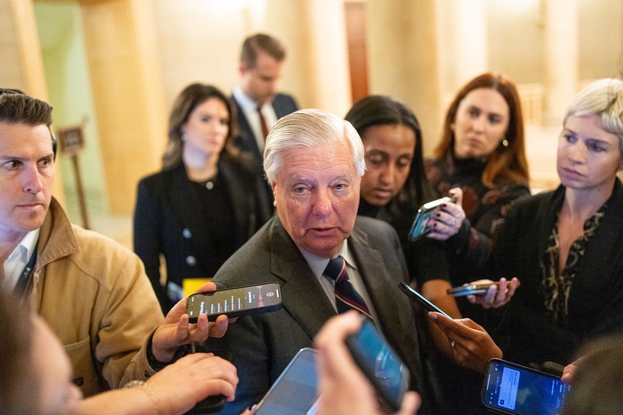 Sen. Lindsey Graham speaks to reporters after meeting with Vice President-elect JD Vance and nominee to be Attorney General former Rep. Matt Gaetz in the Capitol on Wednesday, November 20.