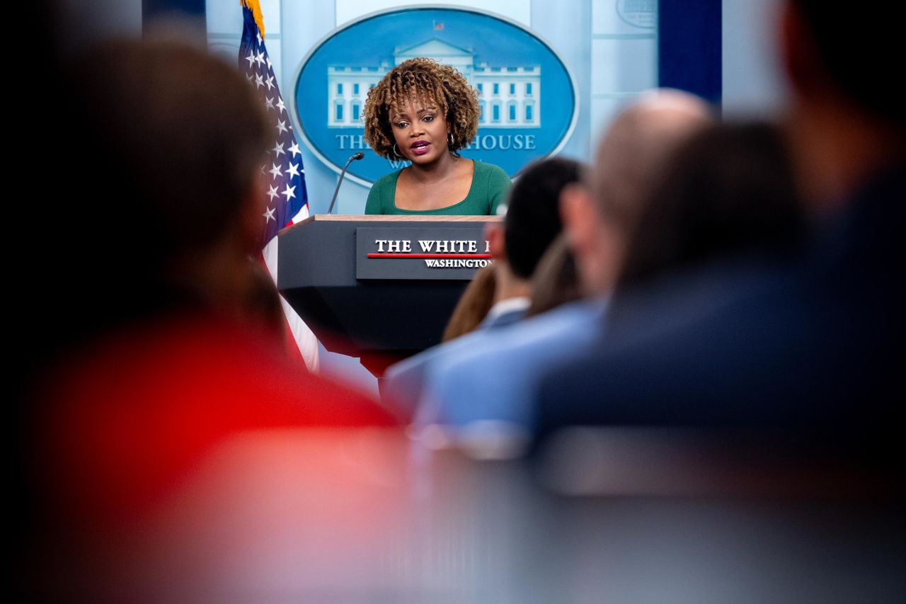 White House press secretary Karine Jean-Pierre speaks during a news conference in the Brady Press Briefing Room at the White House on November 21, 2024 in Washington, DC.