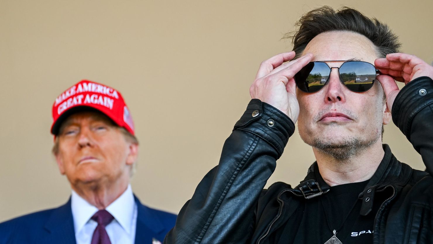 Donald Trump and Elon Musk watch the launch of the sixth test flight of the SpaceX Starship rocket on November 19, 2024 in Brownsville, Texas.
