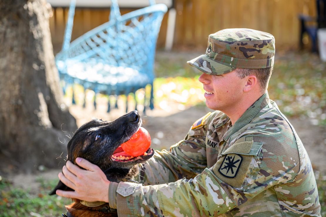 American Humane helps reunite Army Staff Sergeant Payton May with his retiring military working dog Yyacob on November 25 in San Antonio, Texas. 