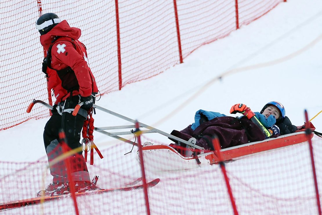 Mikaela Shiffrin is taken off the course by ski patrol after a crash during the second run of the Women's Giant Slalom during the STIFEL Killington FIS World Cup race at Killington Resort on November 30, 2024 in Killington, Vermont.