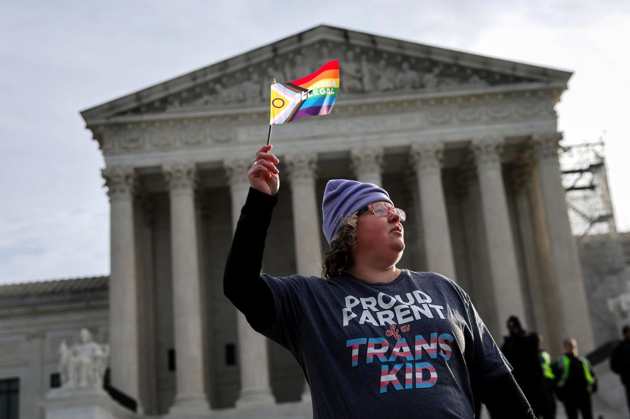 A transgender rights supporter takes part in a rally outside of the US Supreme Court as the justices hear arguments in a case on transgender health rights on December 4, in Washington, DC. 