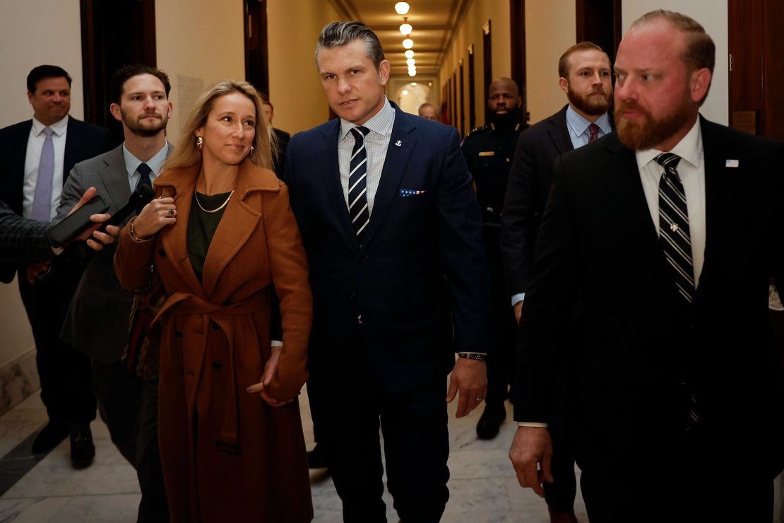 Pete Hegseth, center, and his wife Jennifer Rauchet arrive for meetings in the Russell Senate Office Building on Capitol Hill on December 9, in Washington, DC. 