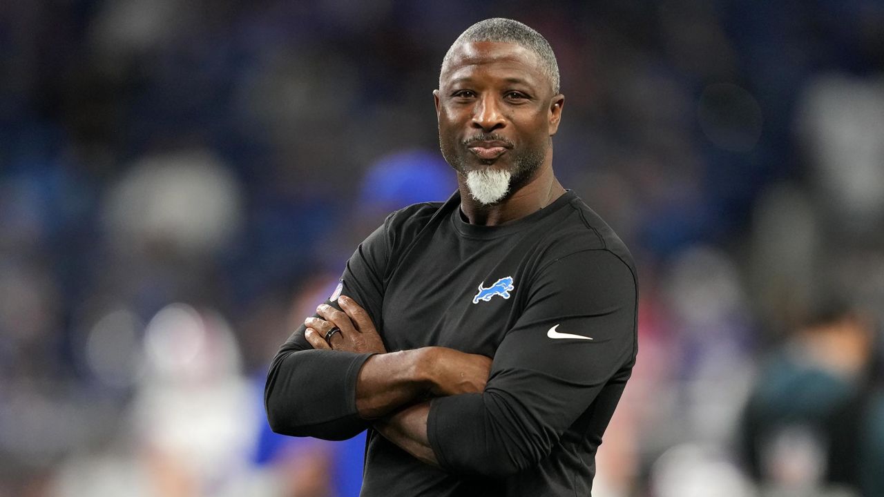 Aaron Glenn, defensive coordinator for the Detroit Lions is seen during warmups before the game against the Buffalo Bills at Ford Field on December 15, 2024 in Detroit, Michigan.