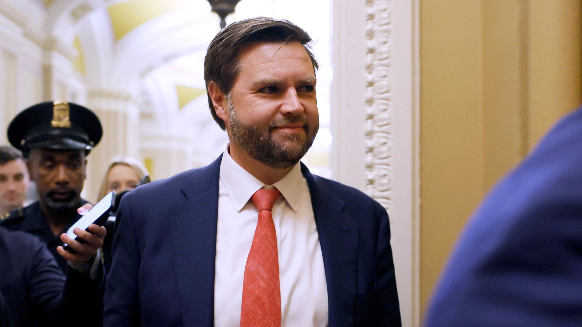 Vice President-elect JD Vance departs from the Senate Chambers during a vote in the U.S. Capitol on December 18, 2024 in Washington, DC. 