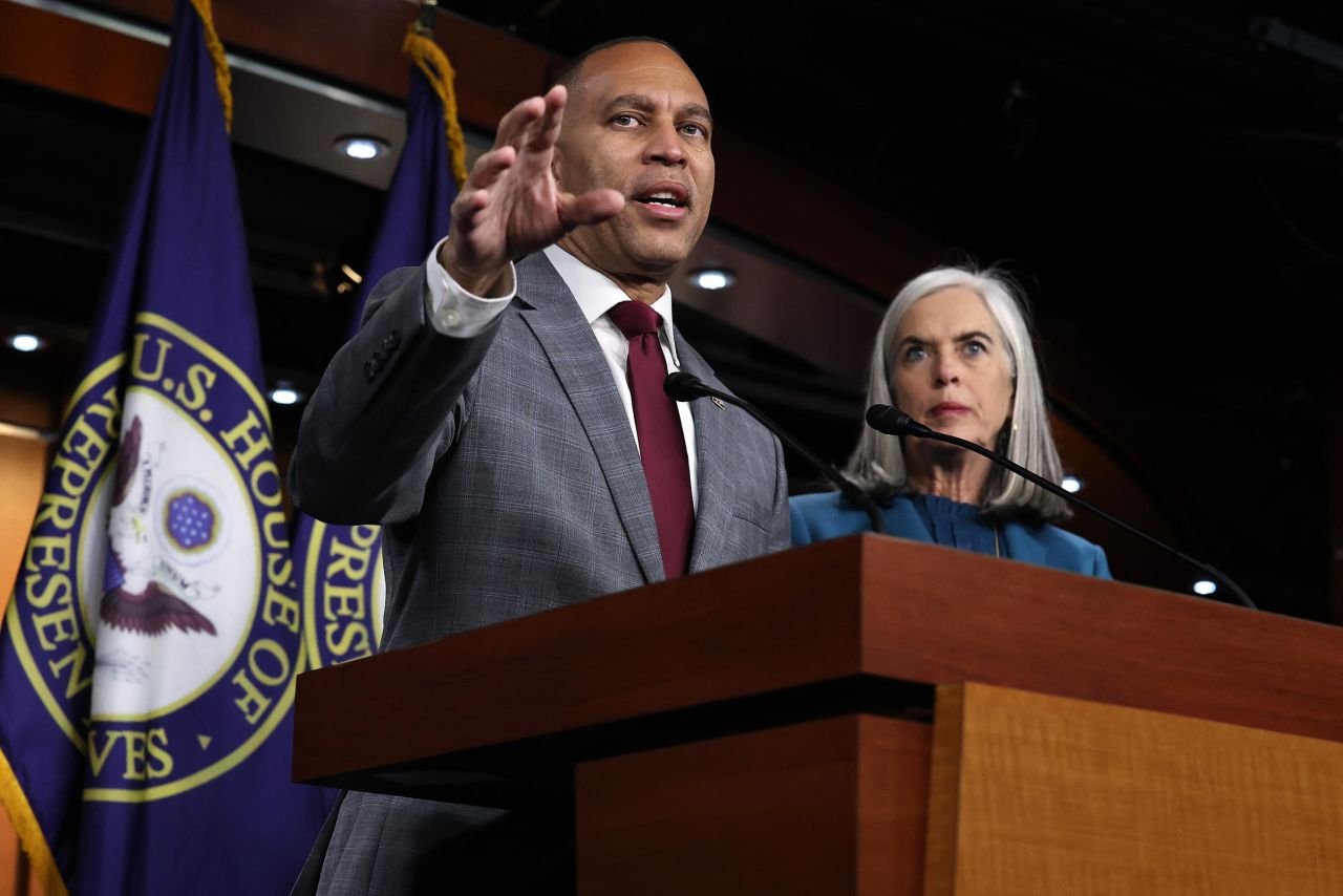 House Minority Leader Hakeem Jeffries and Minority Whip Katherine Clark  hold a news conference in the House Visitors Center at the U.S. Capitol on December 19 in Washington, DC. 