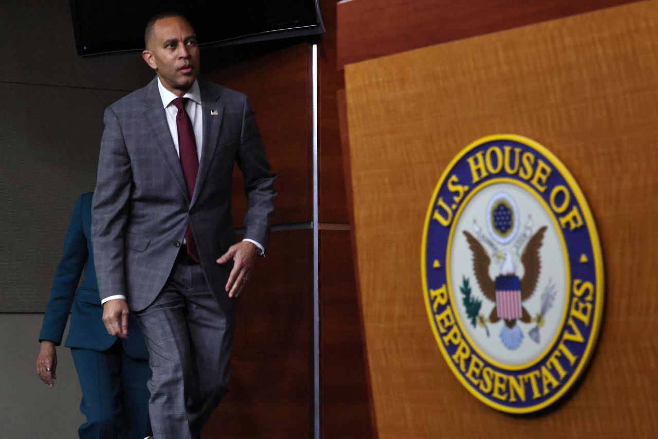 House Minority Leader Hakeem Jeffries arrives at a news conference in the House Visitors Center at the US Capitol on December 19 in Washington, DC. 